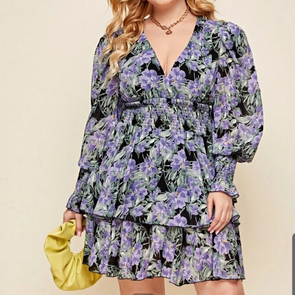 Lantern Sleeve Shirred Waist Ruffle Dress - New - Picture 2 of 12